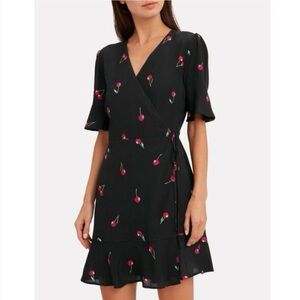 Rails x Anthropologie Wrap Dress in Cerise Cherry Print Black Ruffle Hem